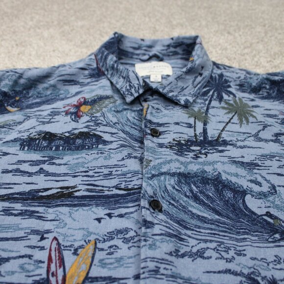 Lucky Brand AOP Camp Shirt Mens Small Blue Linen/Viscose Blend S/S Loop Collar - Picture 4 of 13